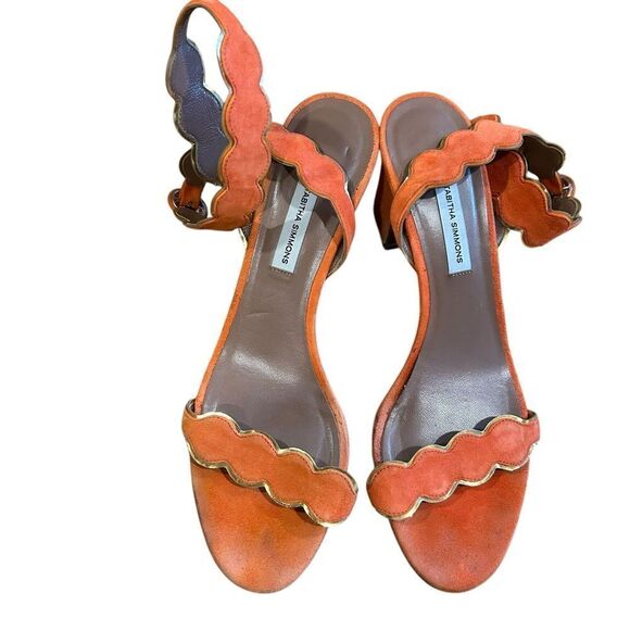 Revolve Tabitha Simmons Orange Suede Leather Scalloped Sandals Block Heels - Picture 9 of 11